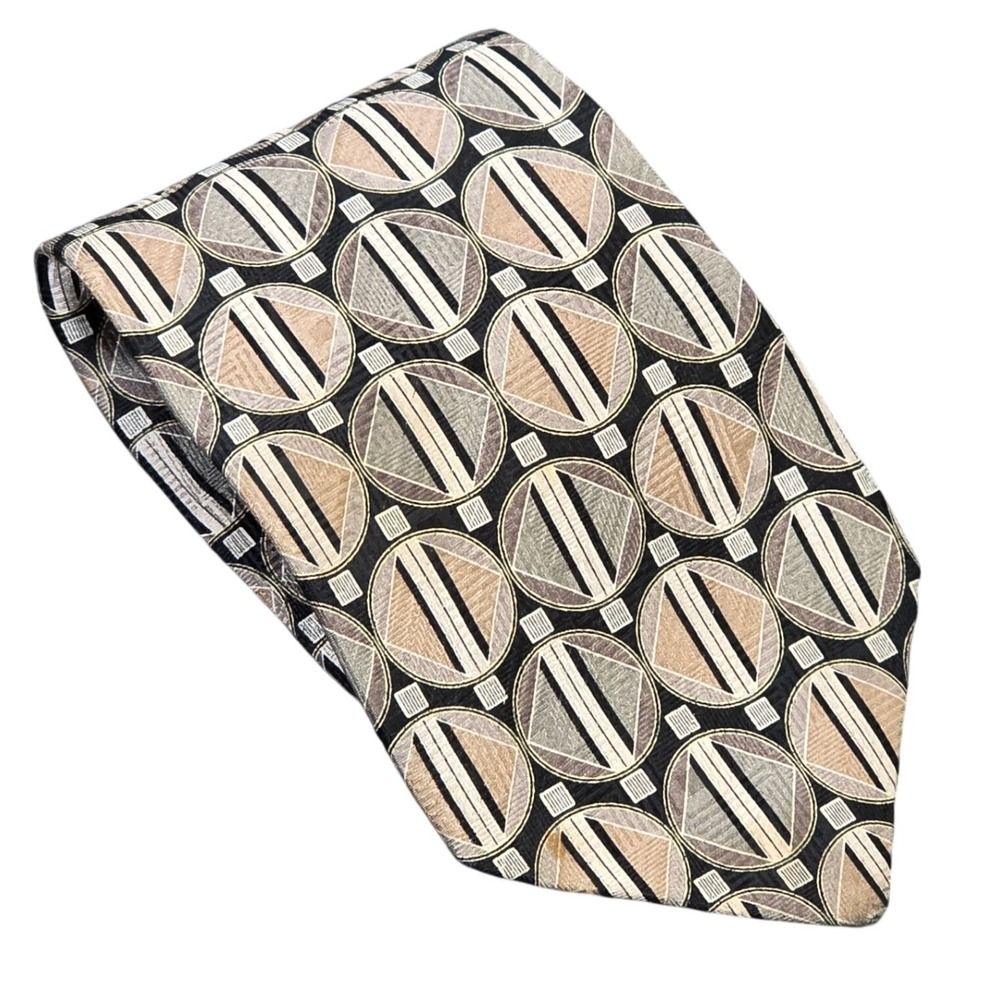 Milano Uomo Silk Tie Men's Black Tan Silver Geometric Circle Stripe Made in USA